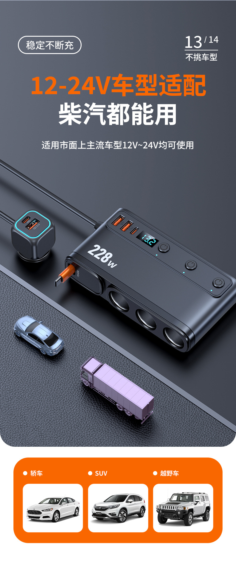 New 228W One-To-Three Car Cigarette Lighter with Retractable Cable, Fast Charging Head, Voltage Display, Car Conversion Adapter