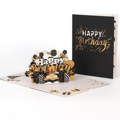 3d立体黒金ケーキ誕生日カードビジネスカード透かし彫りプレゼント折り畳み可能祝福カードクロスボーダー亜馬