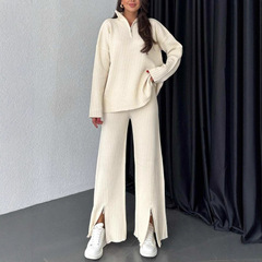2025欧美跨境春季新款女装纯色拉链针织套装高领坑条家居服两件套