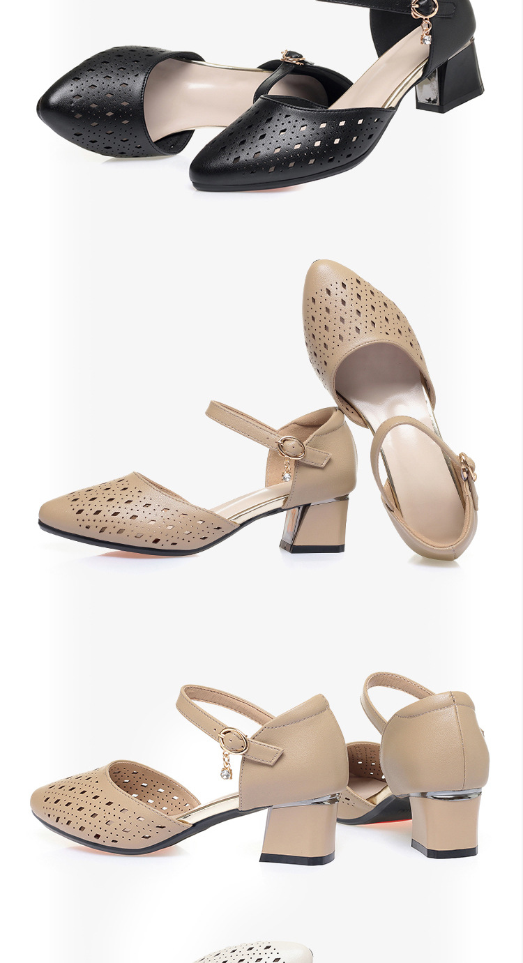 Sandal cao gót nữ mũi hở da thật phong cách cổ điển — màu đen chi tiết 15