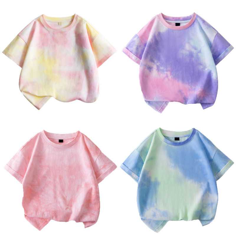 タイダイ総柄オフショルダートレンディな子供用半袖Tシャツカスタムプリント男の子Tシャツ夏女の子半袖Tシャツカスタムメイド|undefined