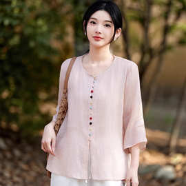 彩色纽扣苎麻衬衫女2026春夏新款文艺纯色圆领中袖宽松衬衣开衫