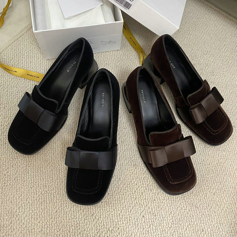 Made in Dongguan! Original The~Row New Model Bow-Knot Suede Square-Toe Chunky Heel Mary Jane Shoes High Heels for Women Medium Heel