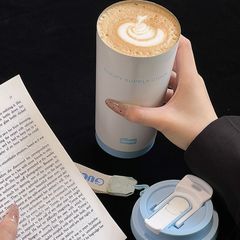 高見えウォーターカップ、ポータブルステンレスストローカップ、レディースダブルドリンク魔法瓶カップ、オフィスセラミックライナーコーヒーカップ