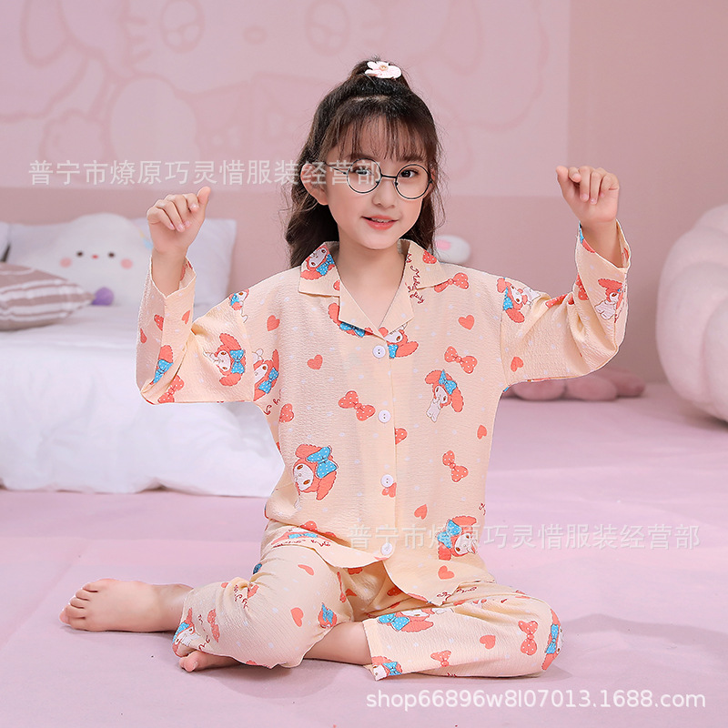 Pijama de niñas primavera y otoño dibujos animados tela espuma de tela delgada manga larga lindo ropa para niños de tamaño medio y grande ropa para el hogar