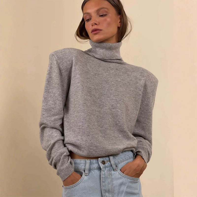 New autumn and winter padded shoulder high-neck knitted pullover sweater with a cross-border design, loose long-sleeved base sweater