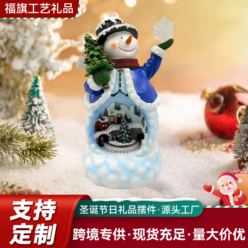 跨境创意树脂工艺品雪人手拿圣诞树电动旋转音乐彩灯LED灯装饰品|undefined