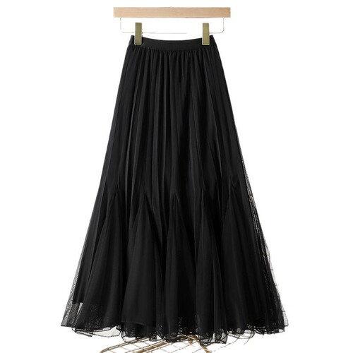 Women's two-sided mesh skirt half skirt autumn new high-waist covers the hip pleated A-line large swing fish tail long dress