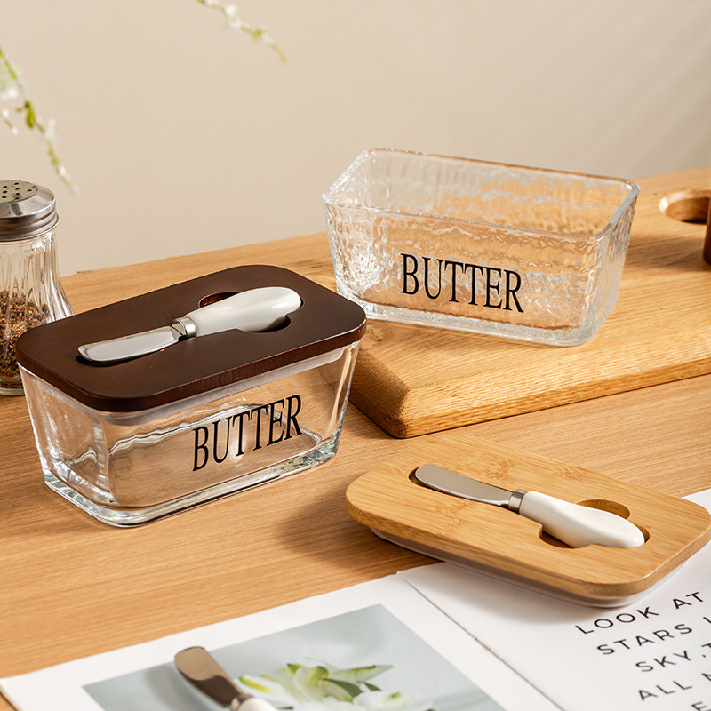 Transfronterizo Amazon nueva cubierta de vidrio queso mantequilla queso pastel caja de postre plato de mantequilla nórdica con cuchillo