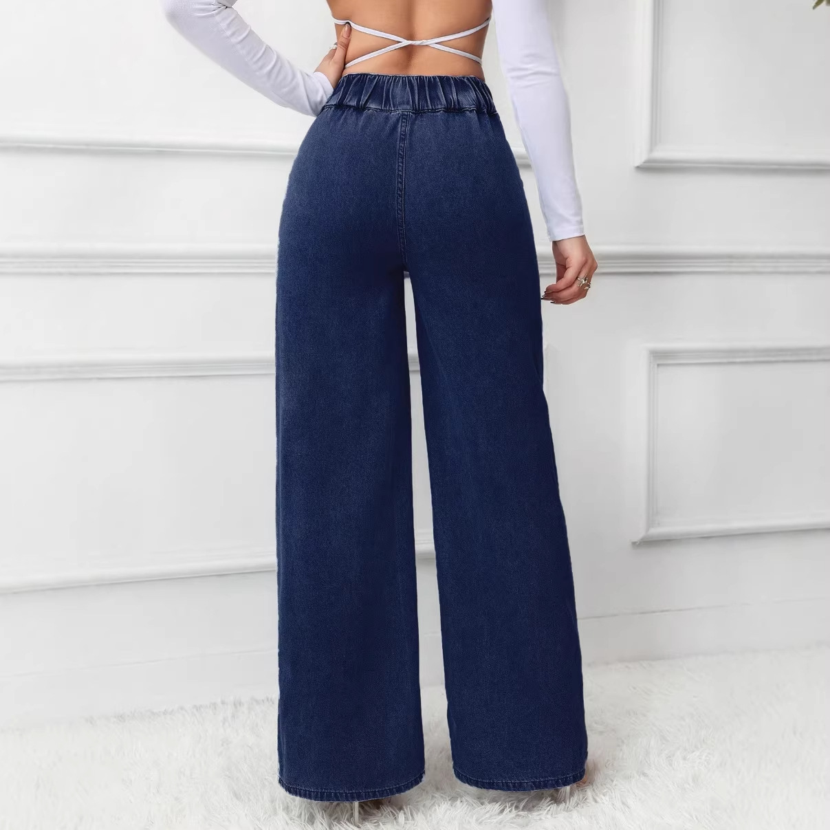 High-Waisted Straight Leg Jeans For Women – Classic Blue Denim Pants With Double Button Detail (Dark Blue/Light Blue, S-XXL)_voghion.com