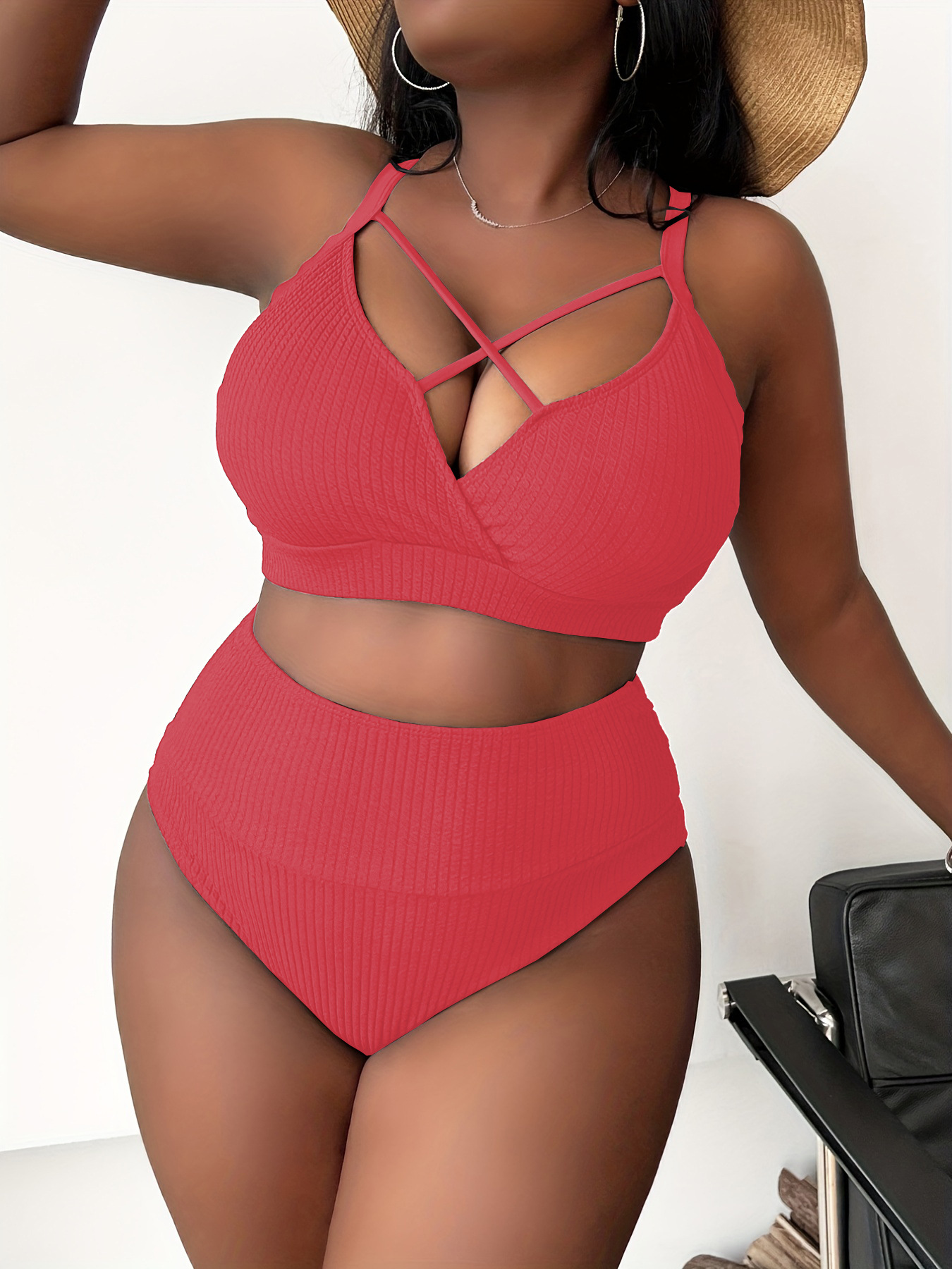 New European And American Foreign Trade Sexy Solid Color High-Waisted Bikini Swimsuit For Plus-Size Women P005_ecoleips.com