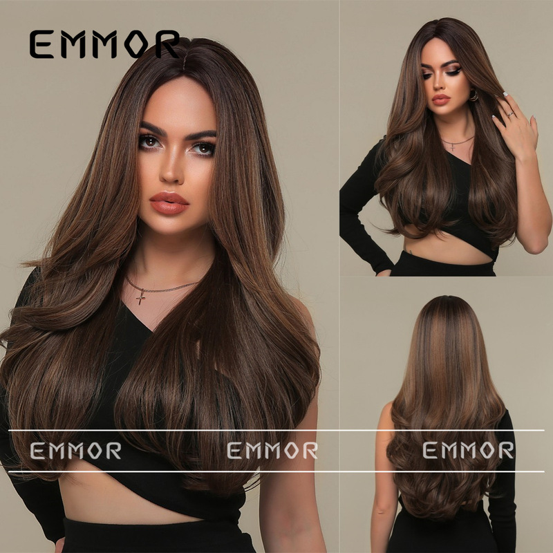 European and American women's medium gradient brown atmosphere long curly hair lazy natural daily chemical fiber wig full head cover
