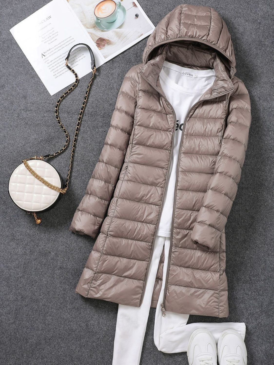 Tik Tok transfronterizo otoño y invierno nuevo chaqueta de plumón ligera de mujeres mediana y larga ropa blanca coreana chaqueta delgada sombrero desmontable