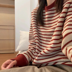 复古条纹长袖圆领卫衣女秋季2025新款宽松设计感休闲百搭绝美上衣