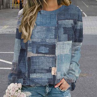 Amazon wish fashion women's sweater retro Denim tie-dyed printed digital sweater women's loose personalized sweater