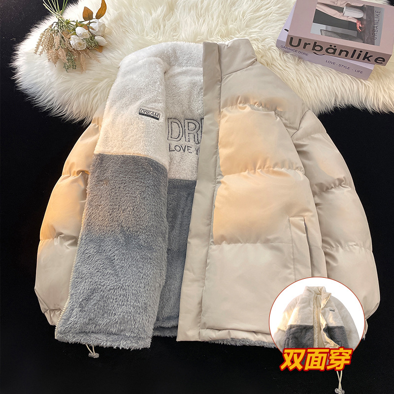跨境批发冬季新款双面穿羊羔绒棉服男女外套立领两面穿棉袄面包服