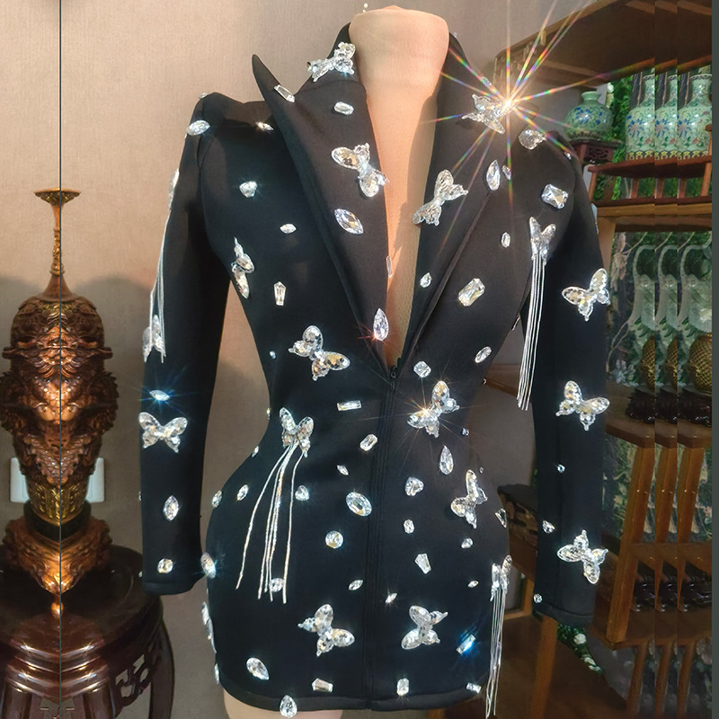 2024 Cross-Border European and American Celebrity Style New Suit with Butterfly Rhinestone Tassel Design, Waist-Cinching Slim-Fit V-Neck Jacket