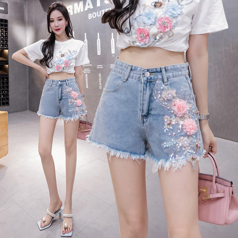 2023 Spring and Summer New Embroidered Flower Denim Shorts Women Sweet High Waist All-match Jeans Wide Leg Pants Women