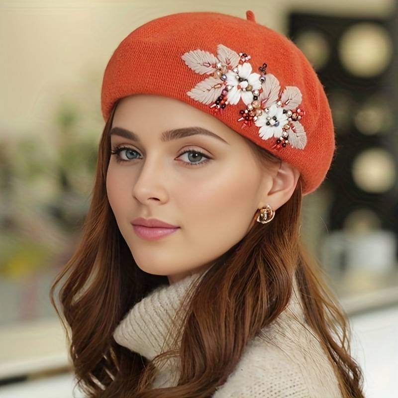Flor Embroidery Beret Elegant Beret Hat Flower Boina bordada