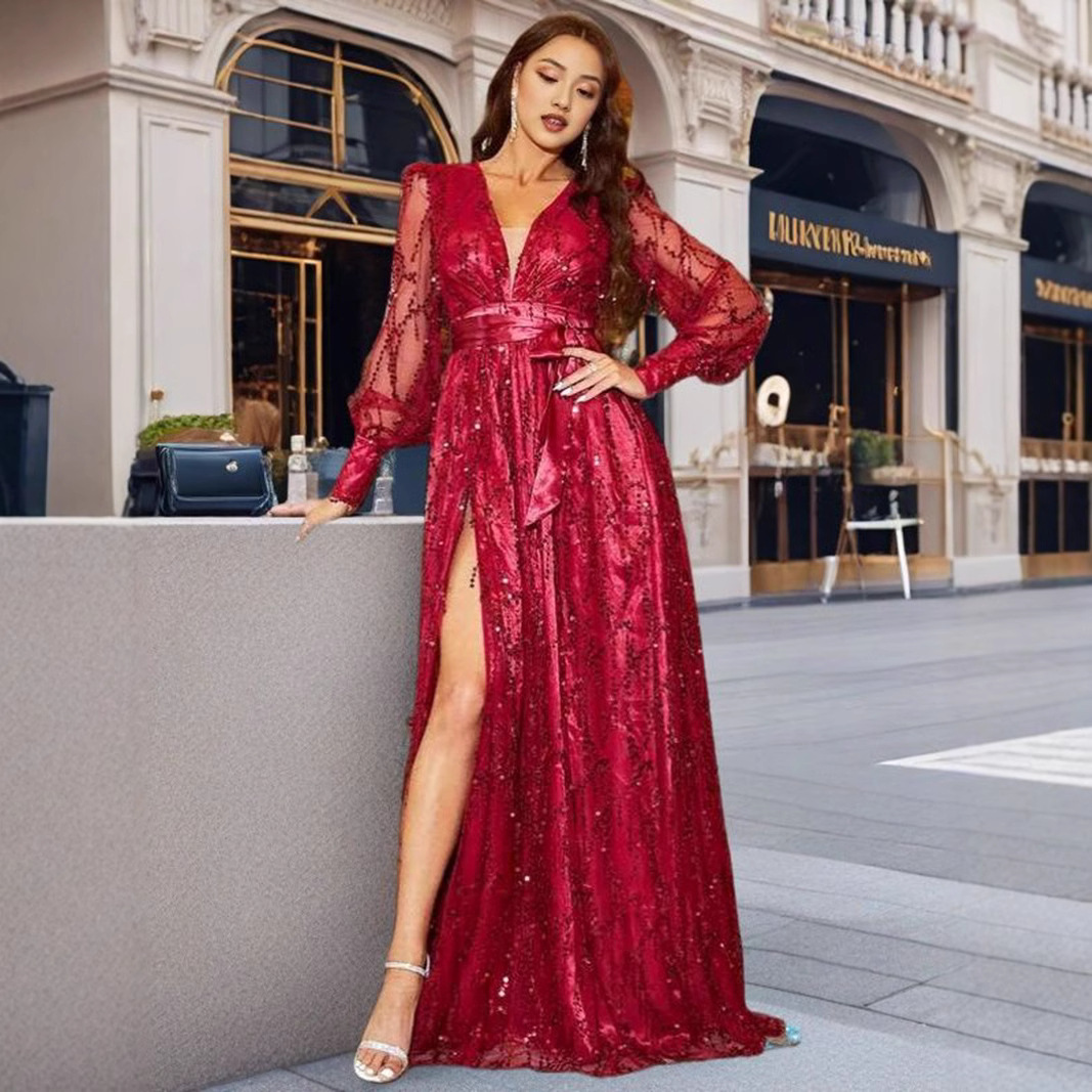 2025 Automne européen et américain des femmes transfrontalières nouvelle maille sequin grande balançoire banquet événement robe de soirée robe jupe longue