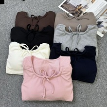 秋冬新款磨毛蝴蝶结长袖T恤女一体胸垫打底内衣修身显瘦打底上衣