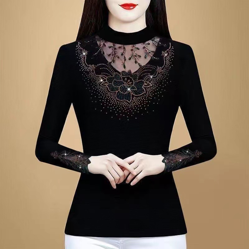 Nuevo otoño/invierno alemán lana media alta cuello de malla bordada de pelo largo de mediana edad moda caliente reducción de edad cubre el vientre top