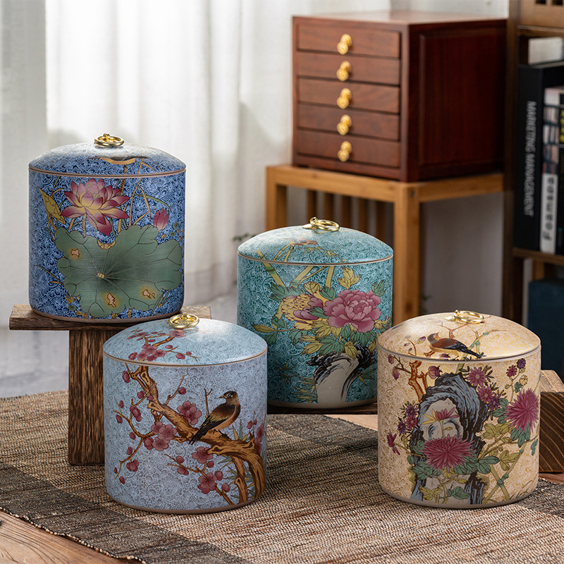 琺瑯彩陶瓷茶葉罐粗陶一斤密封罐大號紅茶儲茶罐容量500克可批發