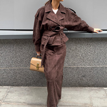 跨境专供欧美女装速卖通INS爆款麂皮绒西装领外套+半身裙套装