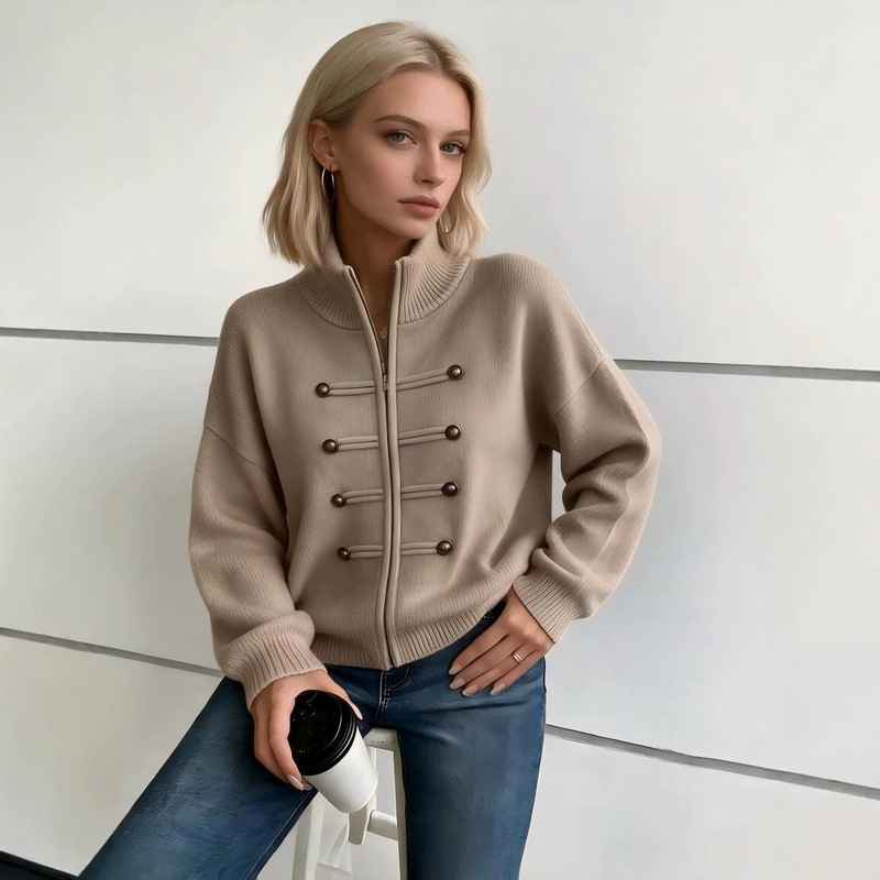 Custom-made, cross-border, European and American style, niche design knit cardigan for women, new autumn/winter collection, stand-up collar, double-zipper sweater Custom-made, cross-border, European and American style, niche design knit cardigan for women, new autumn/winter collection, stand-up collar, double-zipper sweater