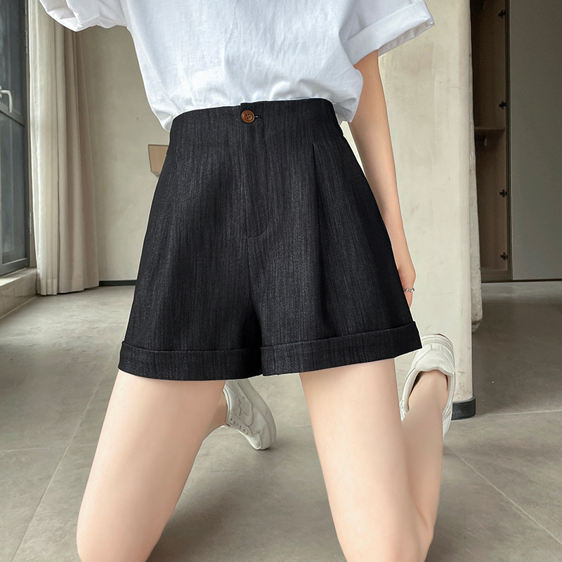 Quần short jean nữ lưng cao ống rộng gấu cuộn — màu đen