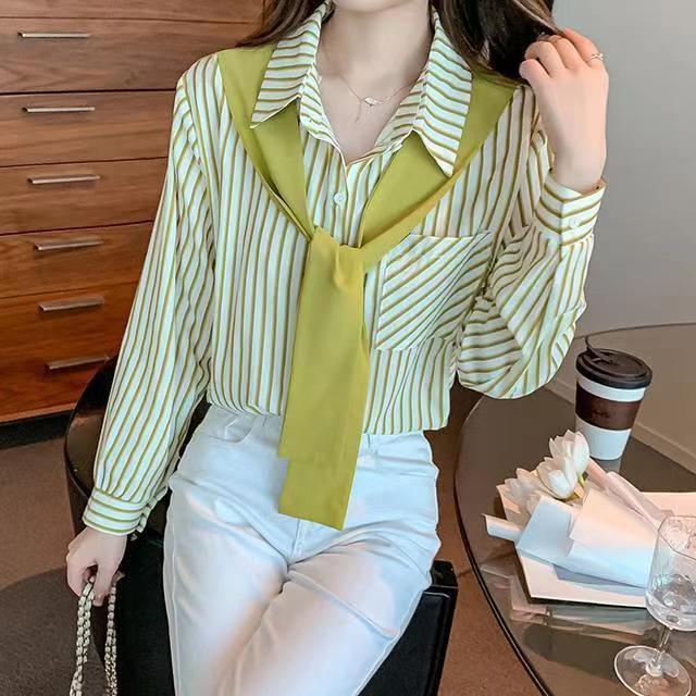 假两件竖条纹衬衫女2025年春季新款女装宽松翻领别致款长袖上衣潮|undefined