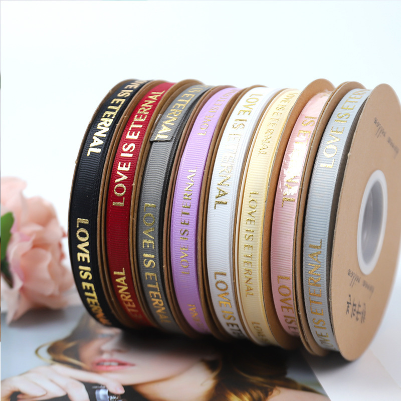 Gold-Stamped Ribbed English Satin Ribbon Gift Cake Decoration Rope Bouquet Ribbon Webbing Bow Tie Weaving