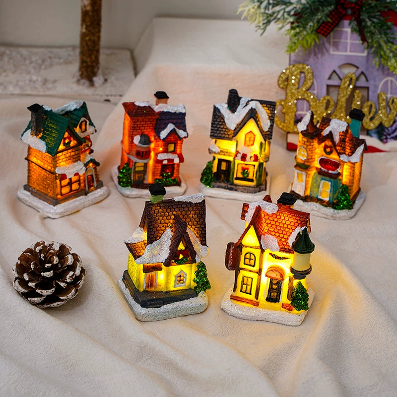 Miniature resin house decorations, micro landscape LED models, battery‑powered, assorted sizes 7–10 cm