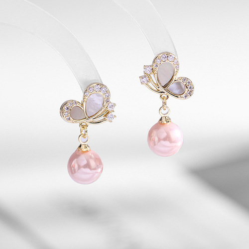 Japanese and Korean design French earrings small shell pearl earrings s925 silver needle short zircon butterfly earrings for women
