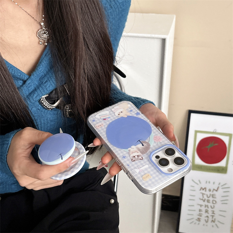 Ins viento azul a cuadros lindo gato de manzana para iphone15ProMax Apple 13/14 funda para teléfono móvil 16 mujer