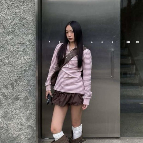 ~~~~~韩国小众 25新款 拼色条纹polo褶皱内搭衬衣长袖|undefined
