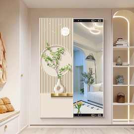 玄关装饰画带镜子奶油风隐藏式全身镜遮挡玄关卧室推拉试衣镜挂画
