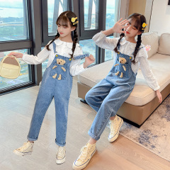 Girls jeans cute pocket bear denim overalls Korean style spring girls pants new spring and autumn trousers