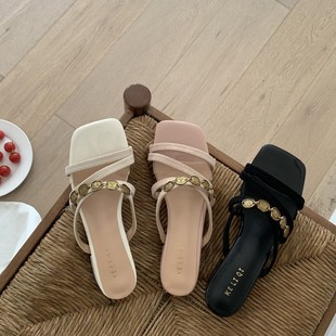 2025 New Summer Style French Square Toe Open-Toe Thin Strap Fairy Gentle Low-Heeled Sandals for Women to Wear Outside