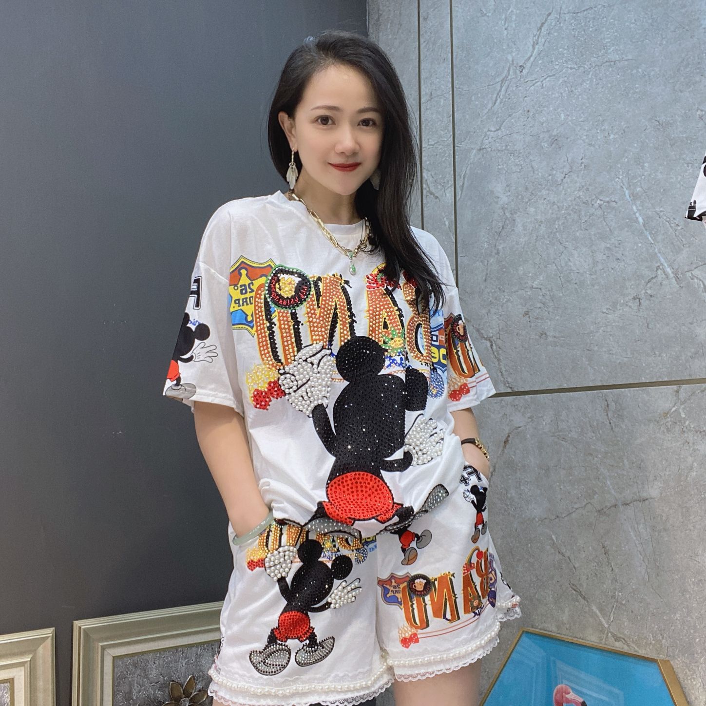 Conjunto de Camiseta y Pantalones Cortos de Talla Grande Set de 2 Piezas de Algodón con Estampado y Diamantes para Verano image 6