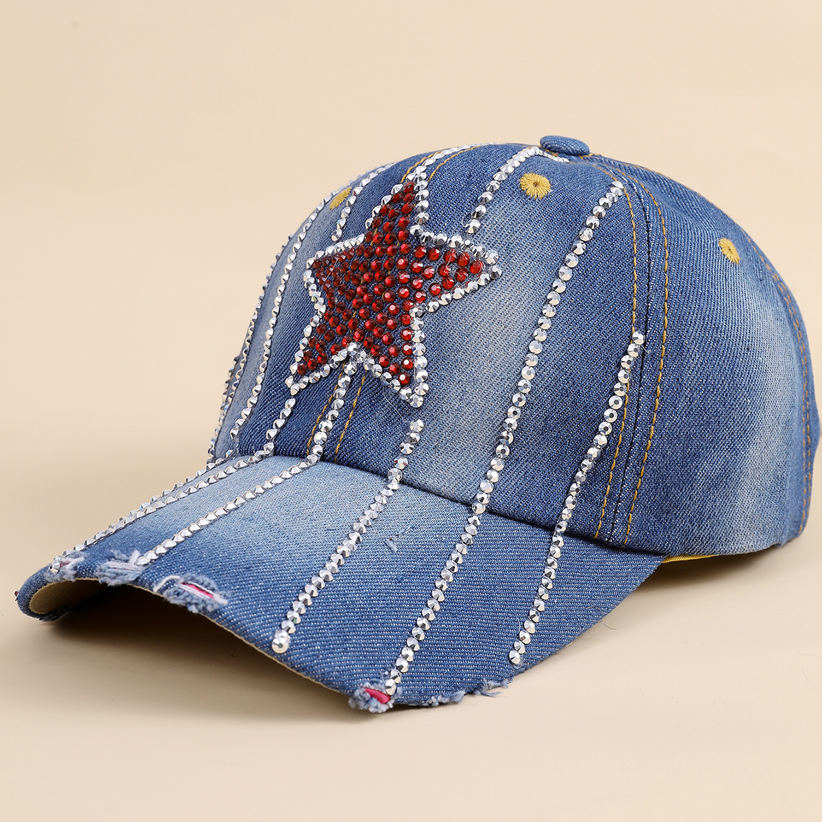 Diamante incrustado amor estrella gorra de béisbol lavada sombrero de vaquero Popular Algodón puro Denim enarboló gorra hecha a mano rhinestone