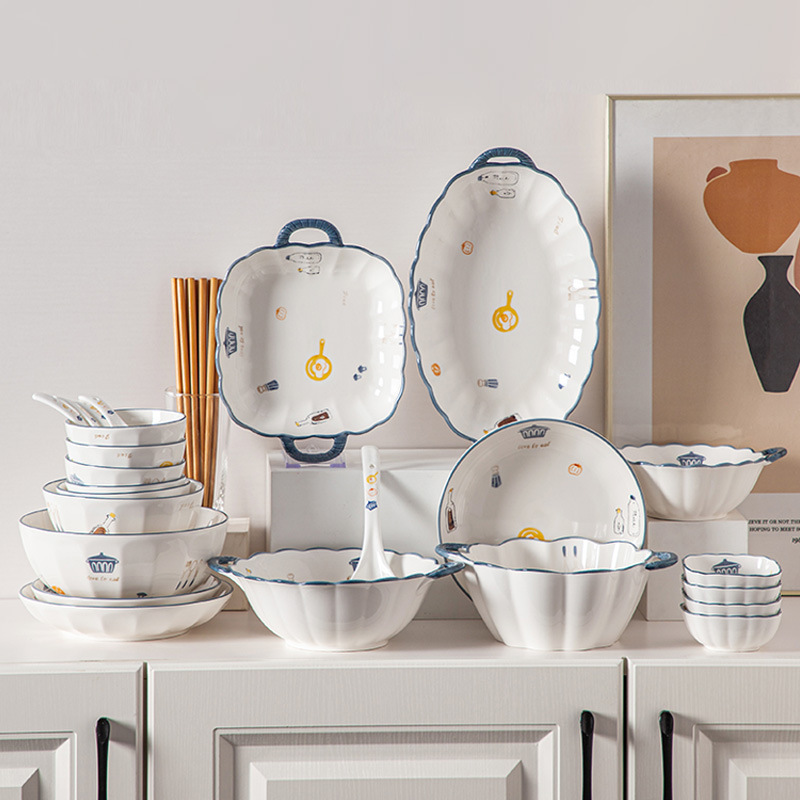 Ceramic Bowl and Plate Set for Home Use, 2025 New Model Tableware Gift Box, Double-Handle Plate, Rice Bowl, Dish Plate, Microwave Safe