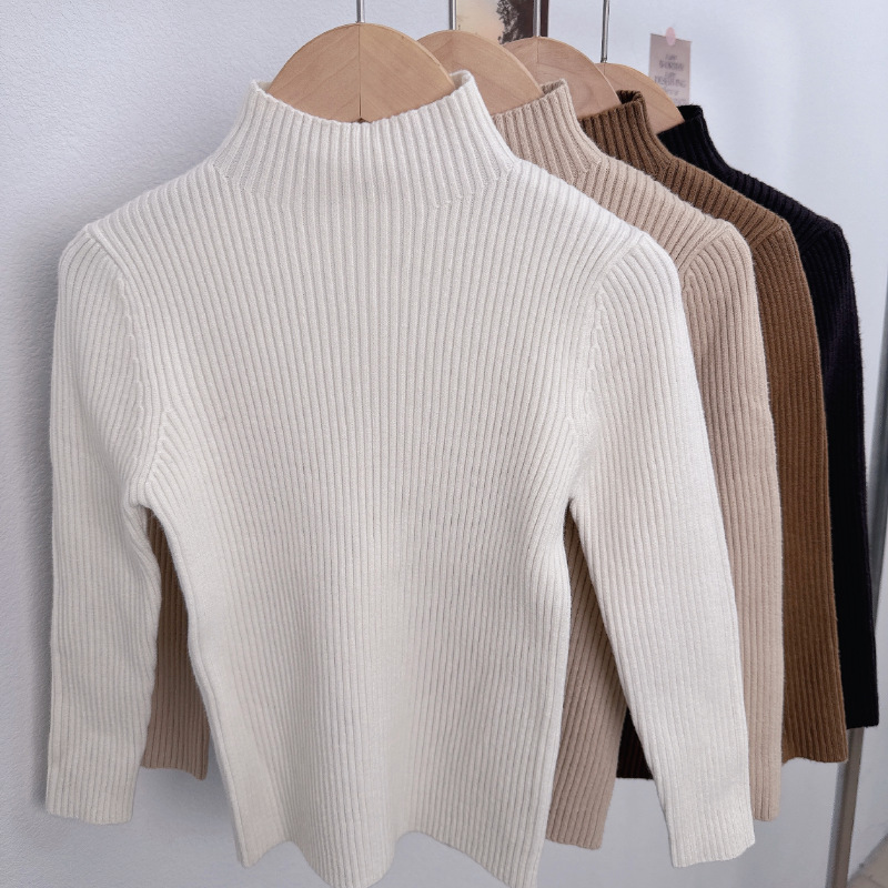2025 otoño e invierno nuevos productos versión coreana de cuello medio alto elástico suéter para niños camisa de fondo de estilo occidental salvaje suéter de punto para niños