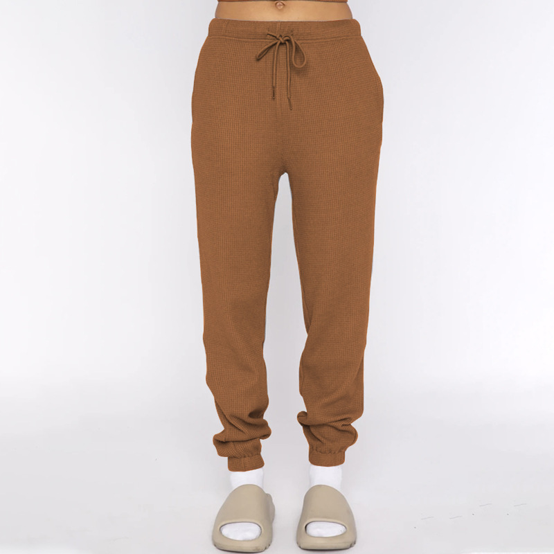 Spring Summer Solid Color Waffle round Neck Short Sleeve Women Clothing Casual Trousers Sets