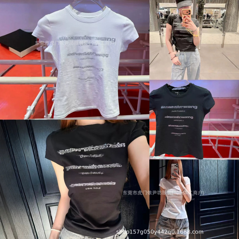 High-Quality In-Stock 26 New Gradient Rhinestone Letter Waist-Cinching Slim-Fit Round-Neck Short-Sleeve T-Shirt Top for Women