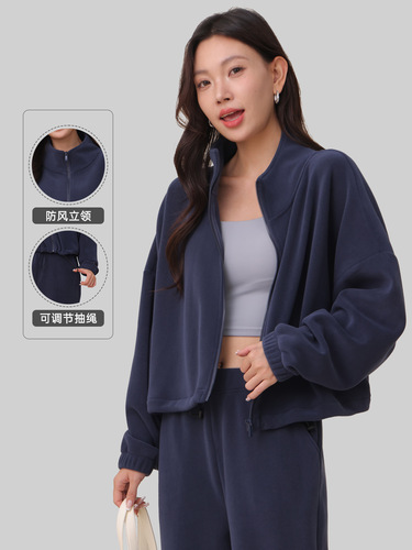 Women's Loose Stand Collar Yoga Long Sleeve Top with Fleece Lining, Dual-Sided Autumn/Winter Sport Coat, Thick Warm Constant Temperature Sweatshirt