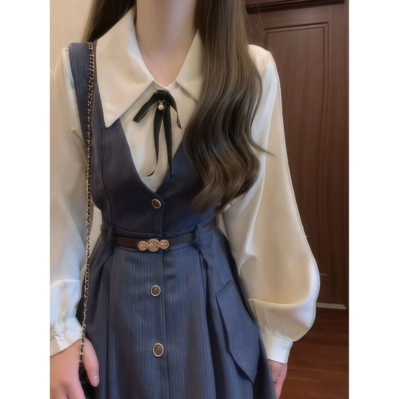 日系甜美清新学院风蝴蝶结翻领长袖衬衫学生收腰褶皱减龄背带裙潮|undefined