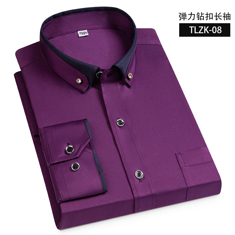 Camisa elástica de manga larga antiarrugas hebilla de diamante contraste color collar hombres de negocios casual Four Seasons camisa de bolsillo para hombre