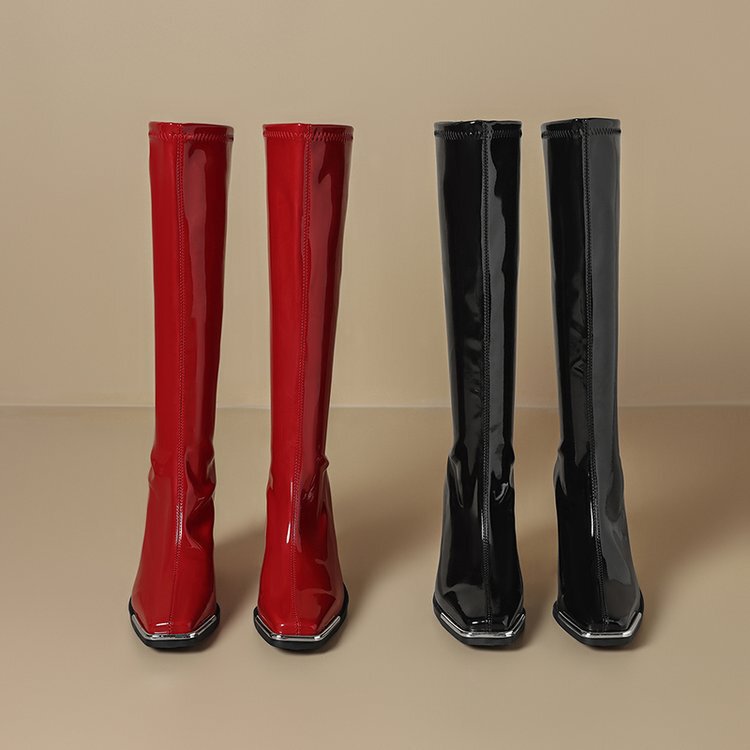 2025 New Autumn European and American Style Sexy Thick Heel No More Than Knee High Boots Patent Leather Square Toe Large Size High Heel Knight Boots for Women