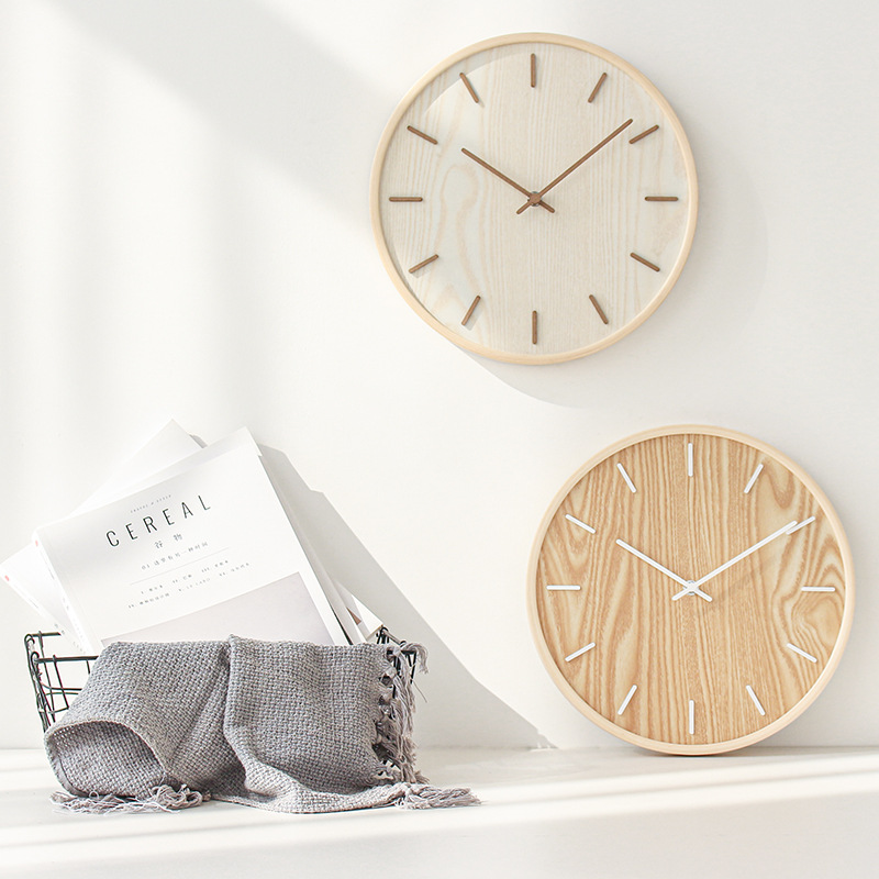Mjk Japanese-Style Home Ultra-Quiet Wall Clock Living Room Bedroom Simple Modern Decorative Wall Clock Wooden Quartz Clock Round